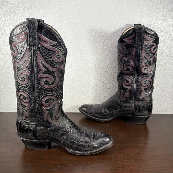 Vtg Panhandle Slim Black Exotic Ostrich Leg Cowboy Western Boots Men\'s 8 D